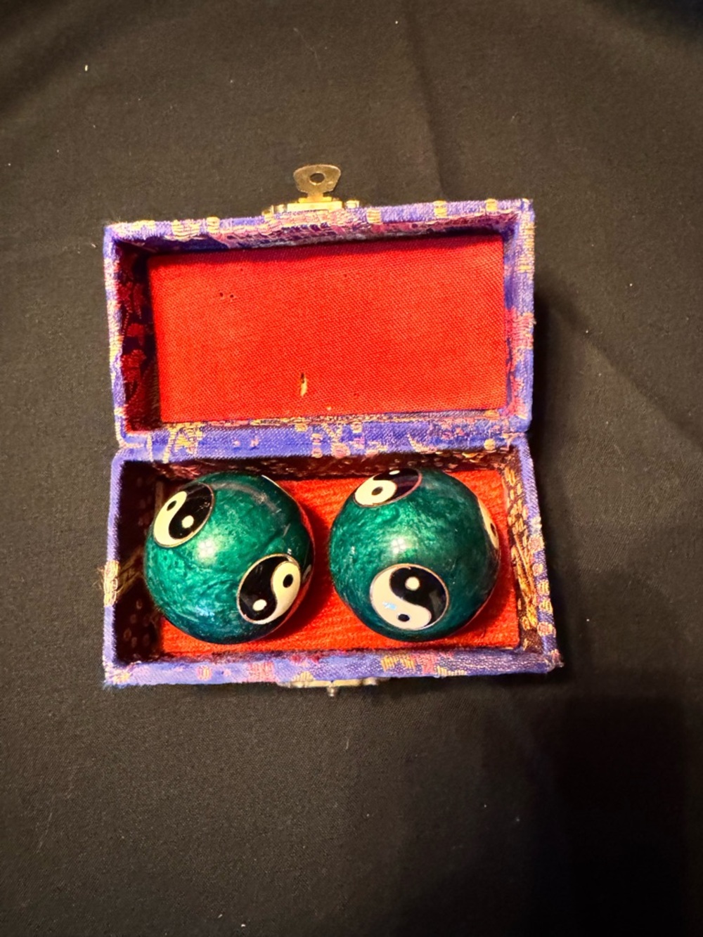 Vintage Gu Cheng Chinese Musical Cloisonné Baoding balls in purple silk box.